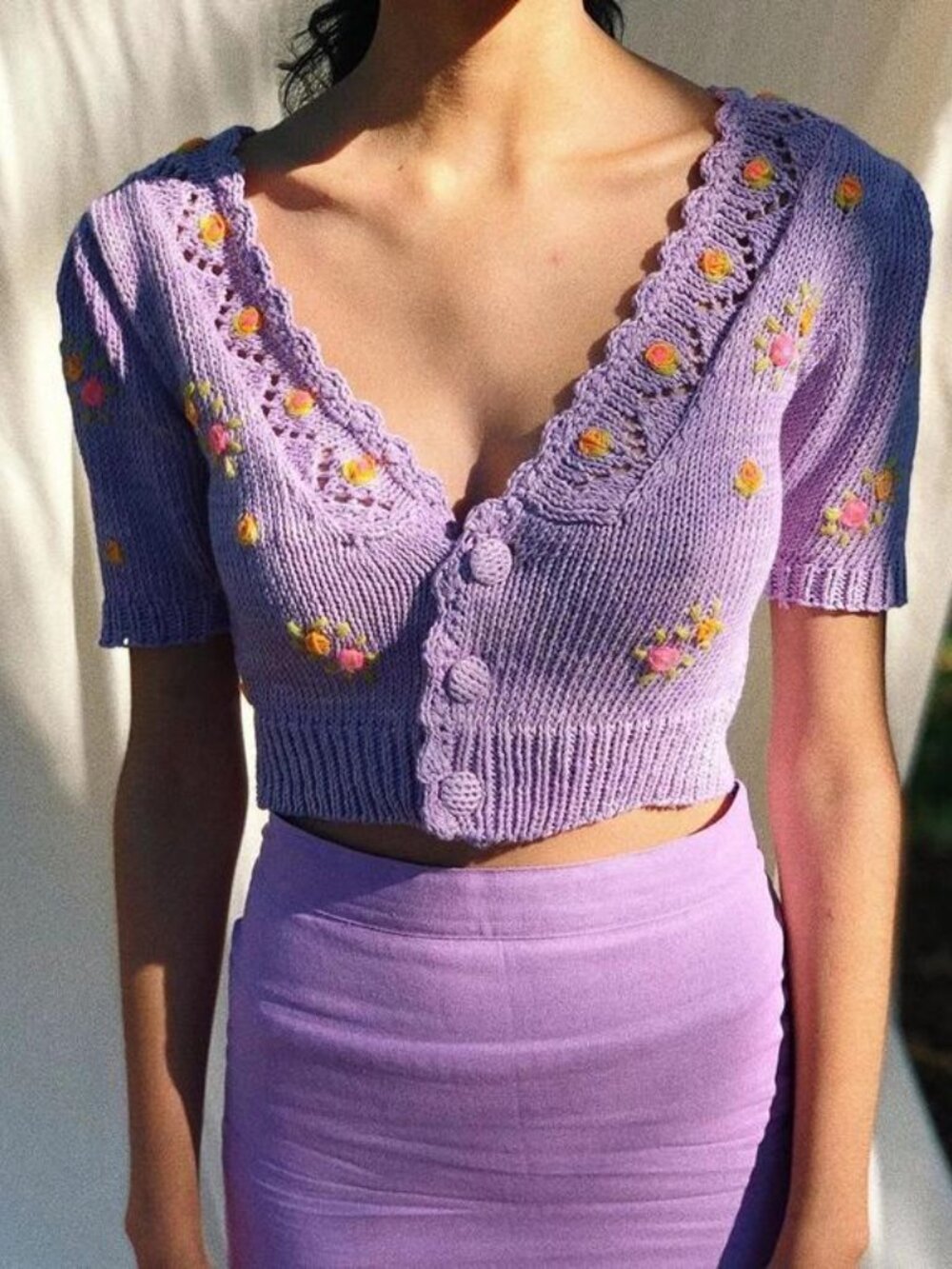 Tach Clothing Alba Knit Cropped Cardigan Hand Knit Floral Embroidery Lavender S